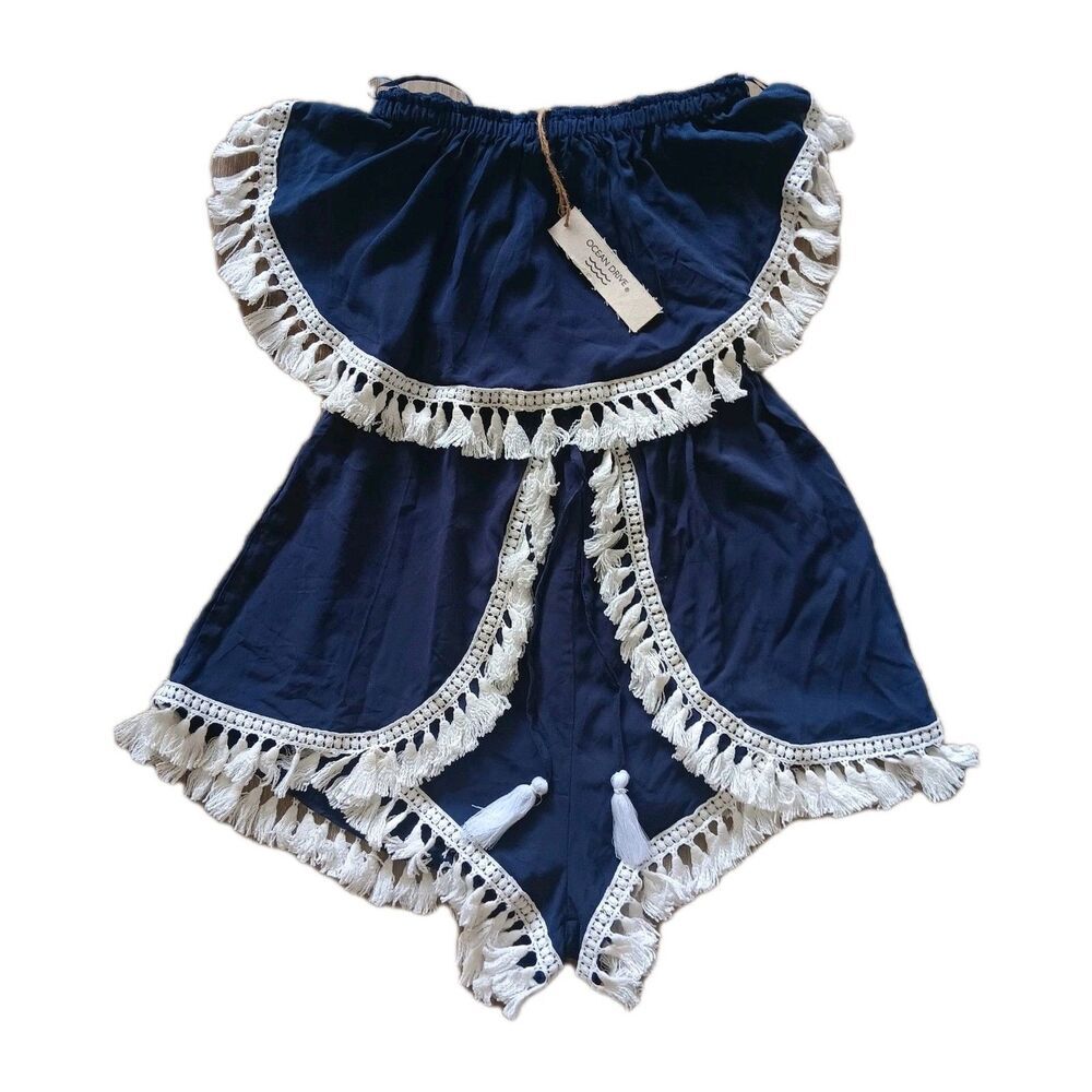 Ocean Drive Romper Womens Small Blue White Tassels NWT Beachy Coquette Festival